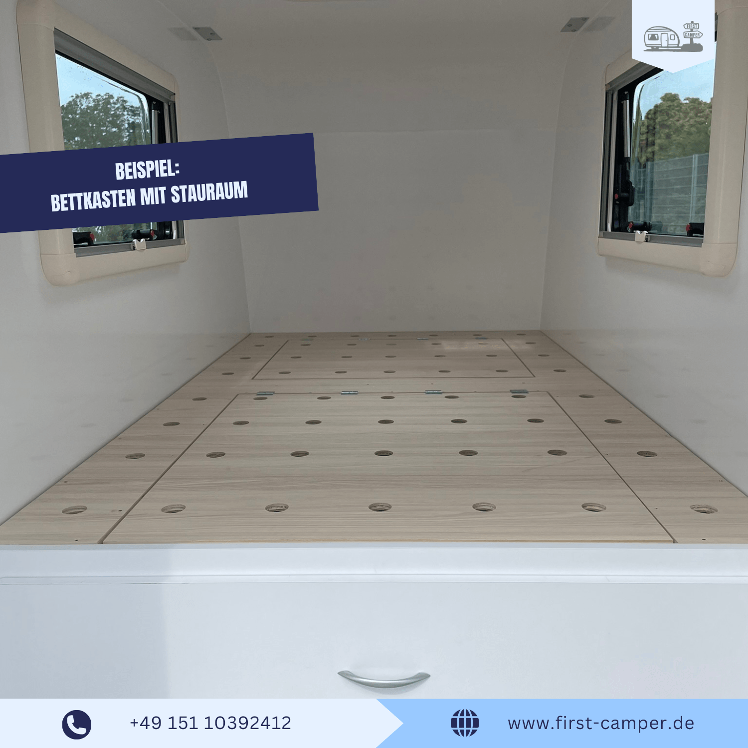 Bettkasten im Micro Camper mit integriertem Stauraum unter der Liegefläche