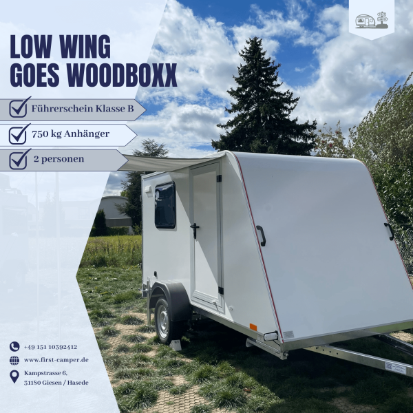 Miniwohnwagen 750 kg Anhänger Low Wing mit WOODBOXX Ausbau – leichter Wohnwagen mit flexibler Nutzung