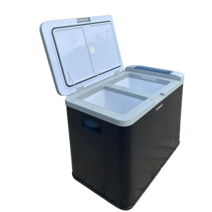 Mestic Kompressor Kühlbox 45 Liter mit Dual Zone, LCD-Touch-Display, LED-Innenbeleuchtung und App-Steuerung – ideal für Camping, Wohnmobil und Outdoor.