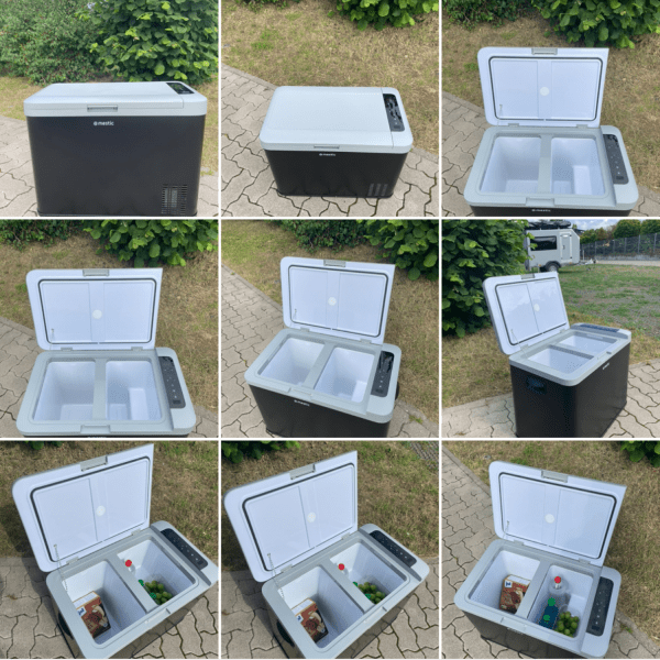 Camping Kühlbox 45 Liter mit LED-Innenbeleuchtung, Dual Zone Funktion und Betrieb über 12V, 24V oder 230V – ideal für Wohnmobil und Outdoor.