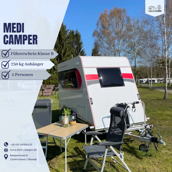 Medi Camper – leichter 750 kg Mini Wohnwagen als kompakter Camping Anhänger für Reisen mit Führerschein Klasse B