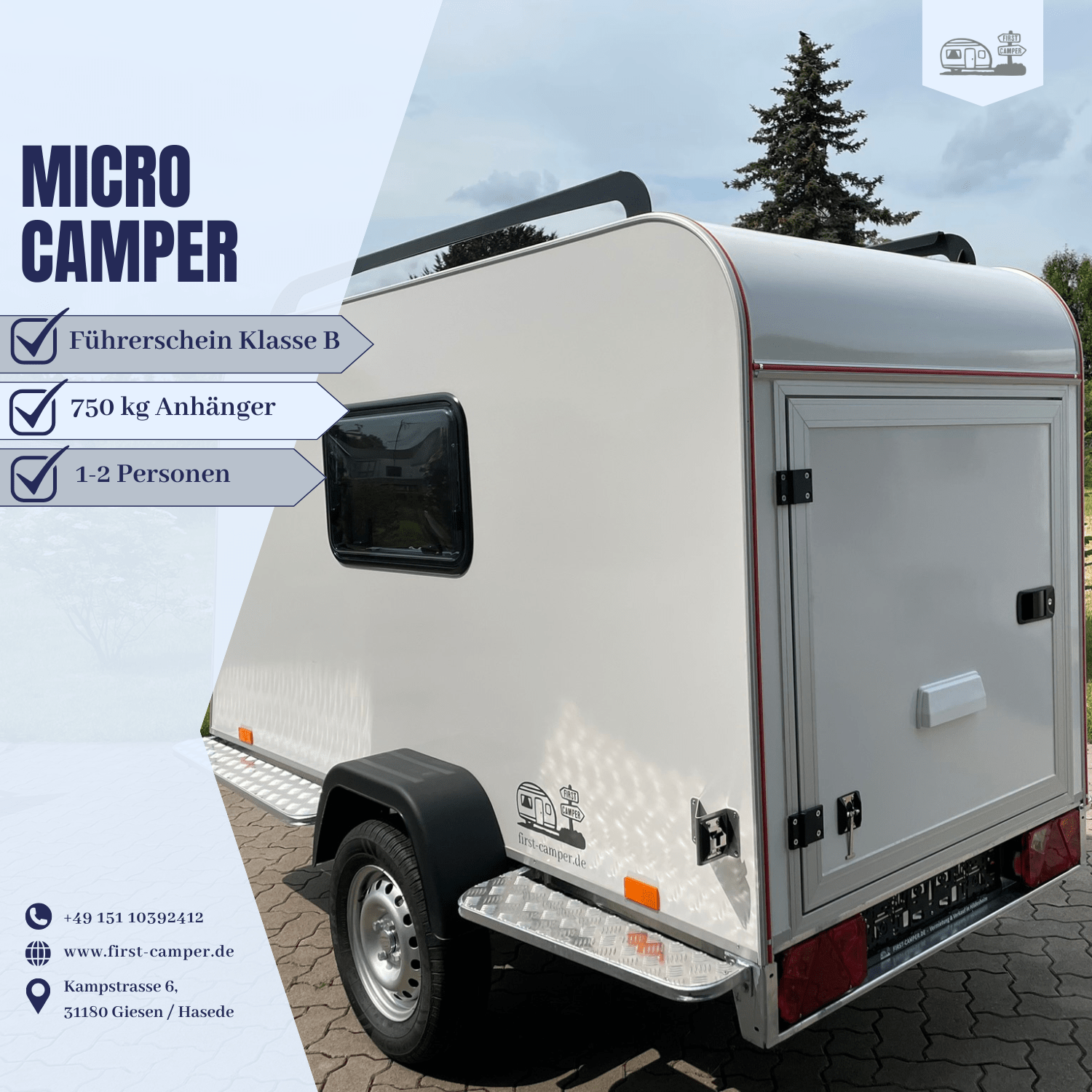 Micro Camper – kompakter 750 kg Mini Wohnwagen mit aerodynamischer Front, PVC-Boden, Seitenfenstern mit Fliegengitter und Verdunklung.