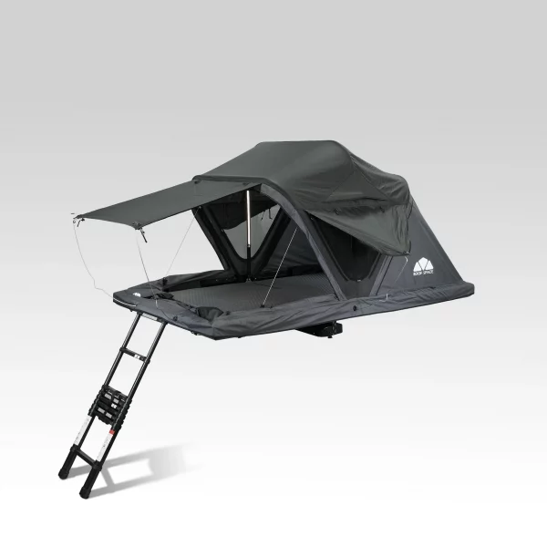 Roof Space 2 Dachzelt geöffnet nach vorne auf Anhänger oder Auto, stabil und wetterfest.