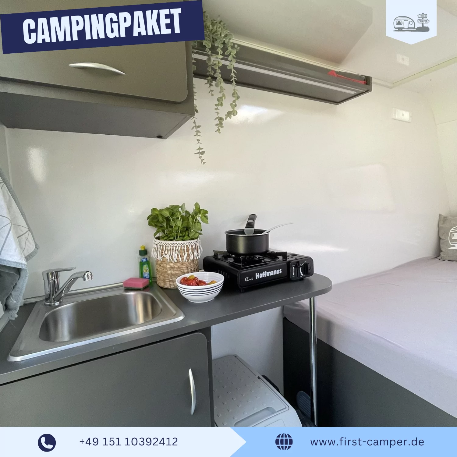 Medi Camper – leichter 750 kg Kofferanhänger mit integrierter Küchenzeile und Kühlbox.
