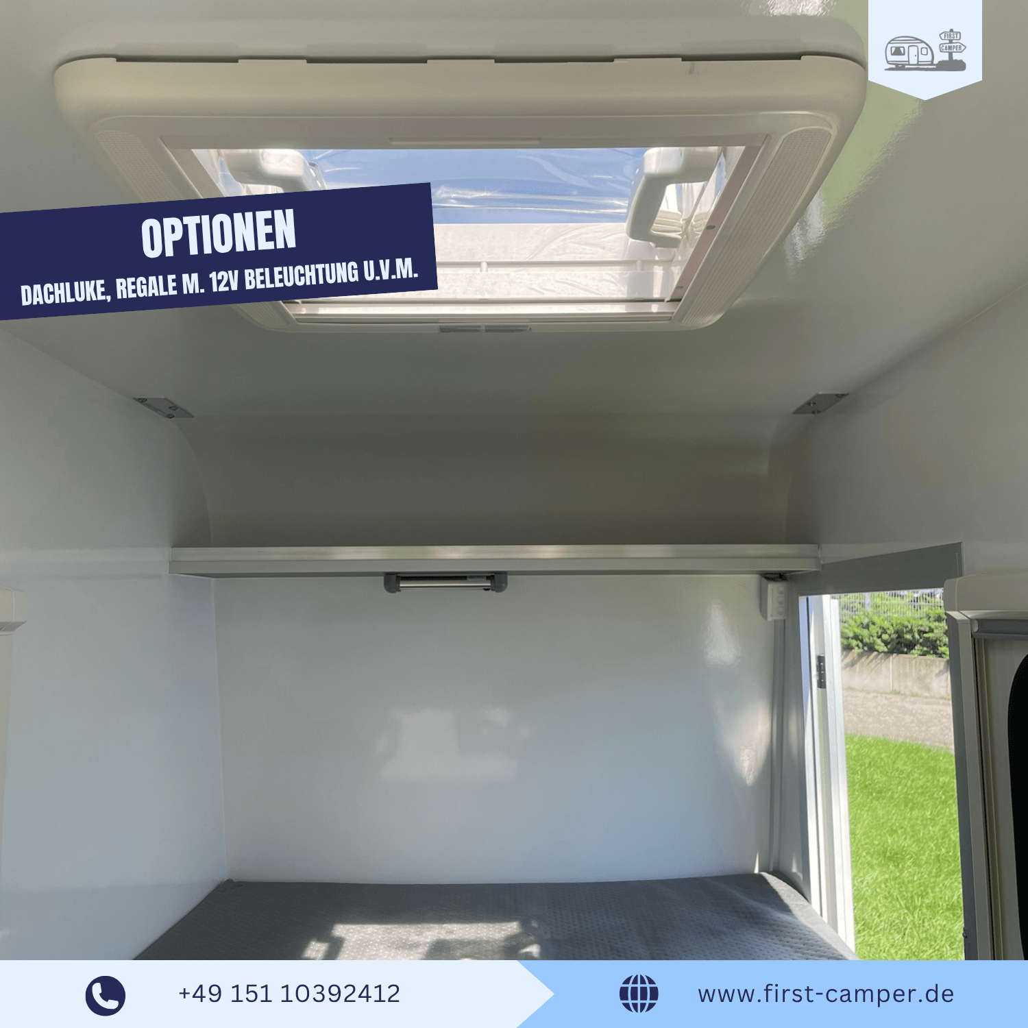 Micro Camper – kompakter Mini Wohnwagen mit aerodynamischer Front, PVC-Boden, Seitenfenstern mit Fliegengitter und Verdunklung, Bettkasten, Regale mit 12 V Beleuchtung und Seitentür