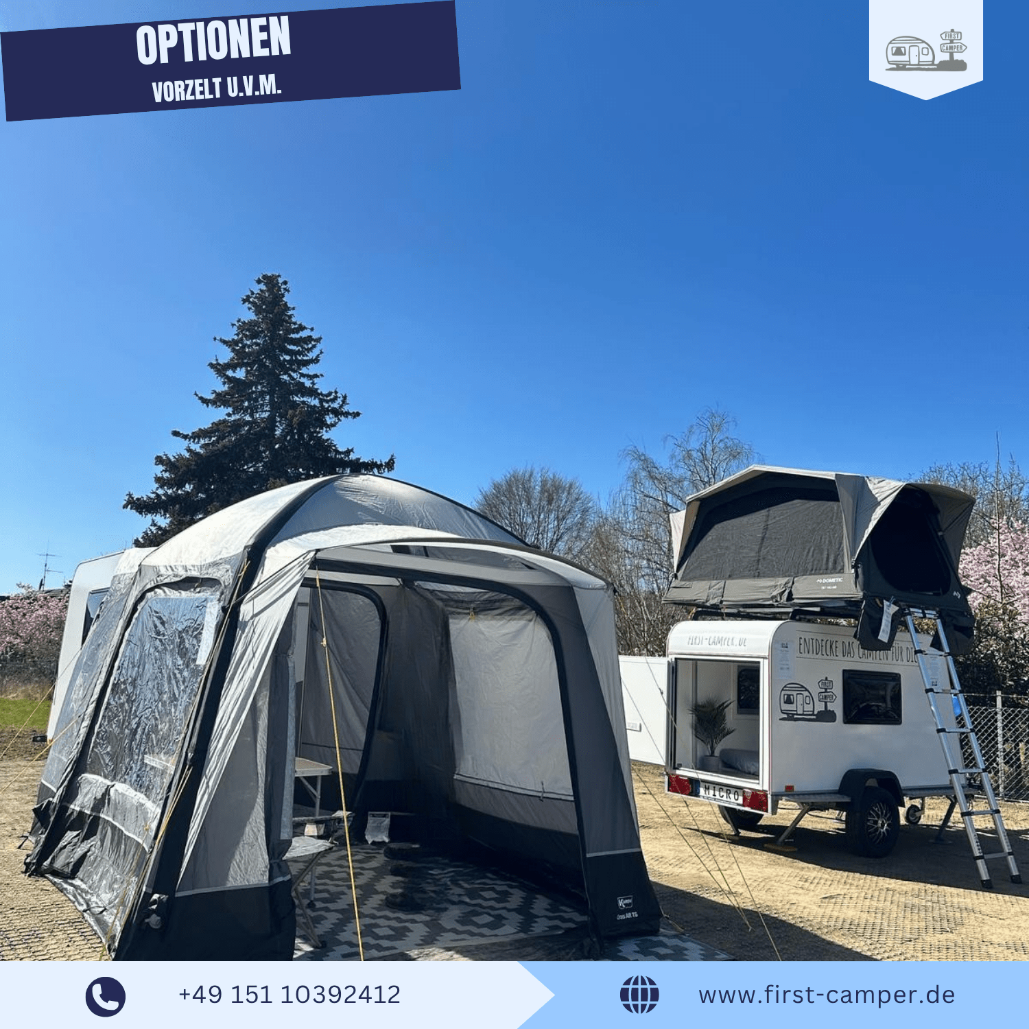 Mini Camper – leichter Kofferanhänger mit aerodynamischer Front, PVC-Boden, zwei Seitenfenstern mit Fliegengitter und Verdunklung, praktischer Bettkasten, LED-Heckleuchten, Fahrradträger und Vorzelt