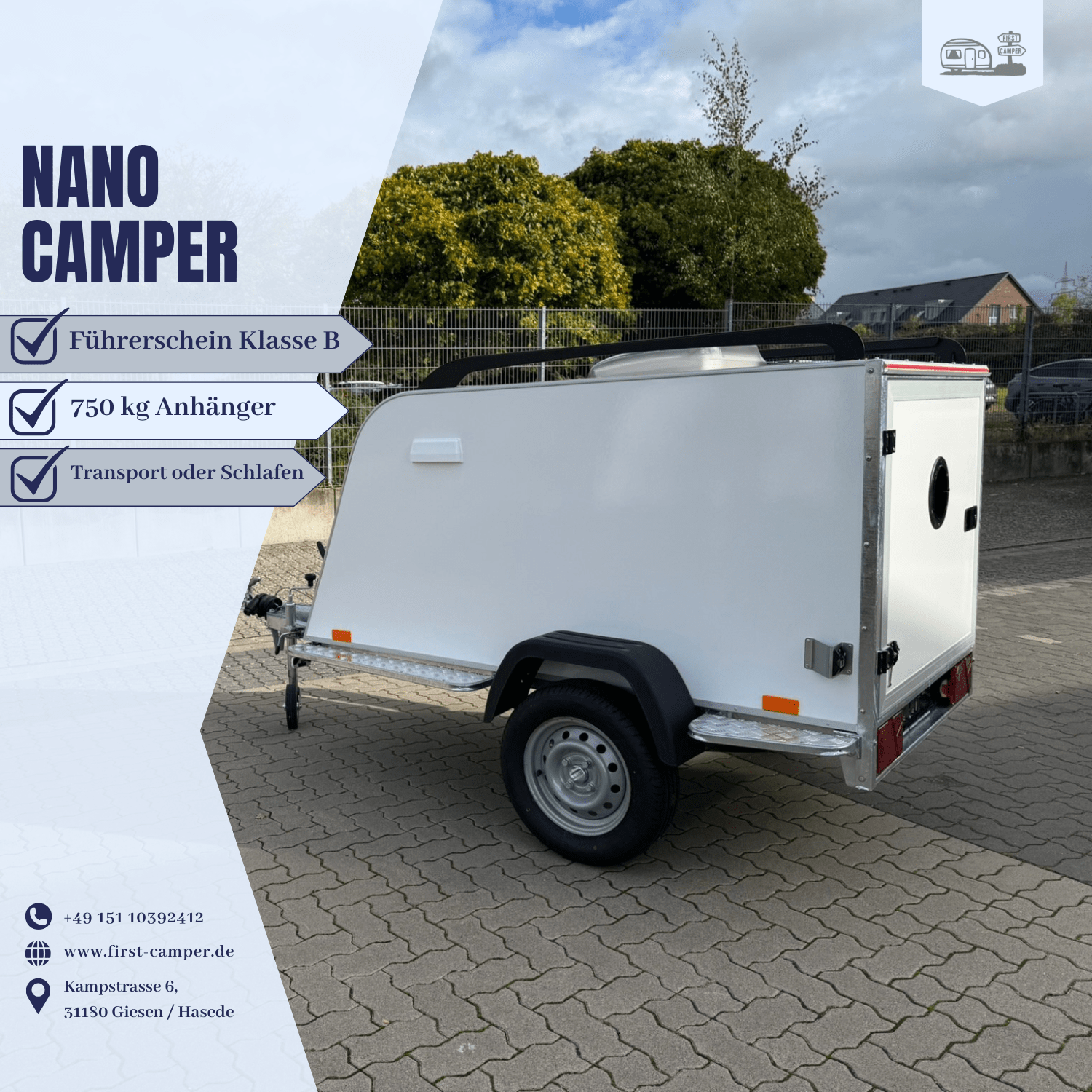 750 kg Nano Camper Anhänger mit modernem Design und Schlafmöglichkeit für zwei Personen.
