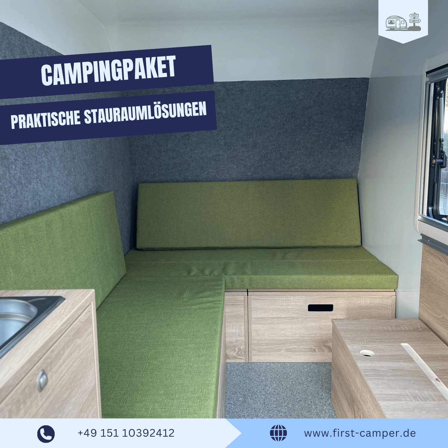 Innenraum des Mini Campers mit Sitzgruppe und verschiebbarem Tisch