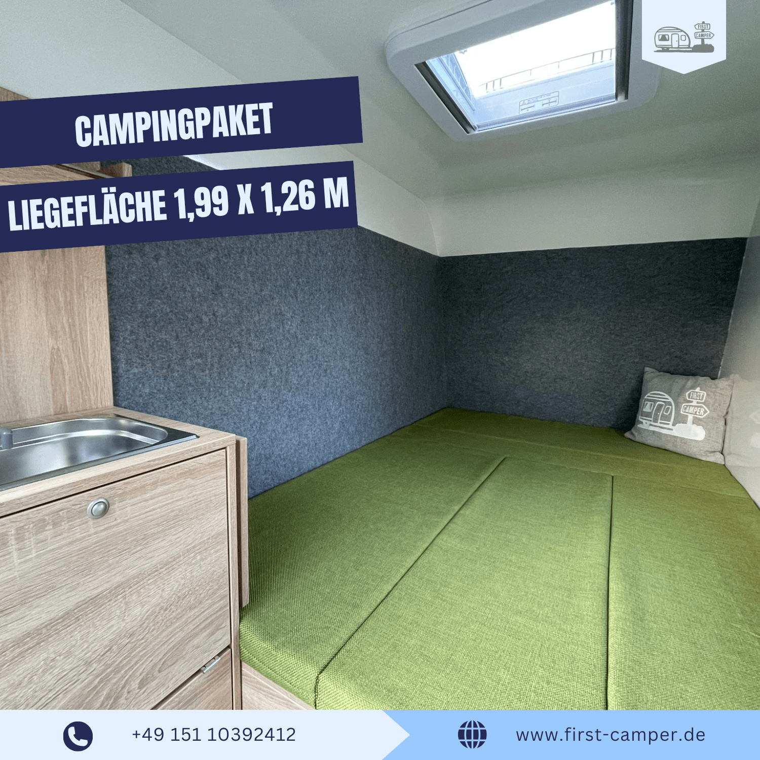 Schlafbereich des 750-kg-Miniwohnwagens mit umgebauter Sitzgruppe