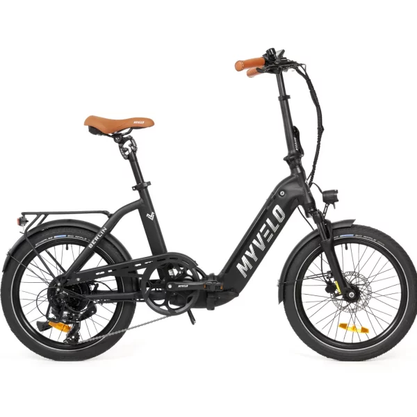 Rechte Seitenansicht des E-Faltrads MYVELO Berlin, erhältlich in Schwarz oder Weiß, mit integriertem Akku und kompaktem Faltdesign.