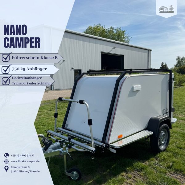 Nano Camper Dachzeltanhänger – ein 750 kg Anhänger für Transport oder als Schlafplatz, fahrbar mit Führerschein Klasse B von First Camper.