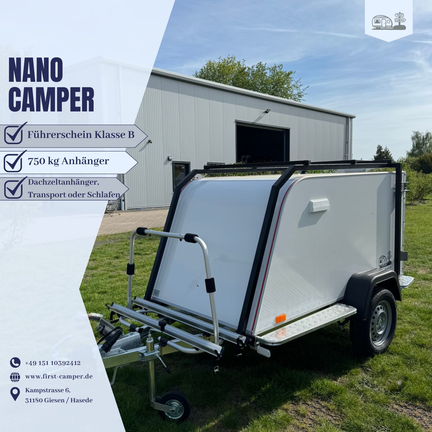 Nano Camper Dachzeltanhänger – ein 750 kg Anhänger für Transport oder als Schlafplatz, fahrbar mit Führerschein Klasse B von First Camper.