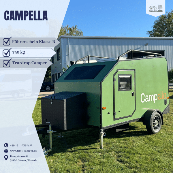 Campella Teardropcamper Miniwohnwagen 750 kg fahrbar mit Führerscheinklasse B